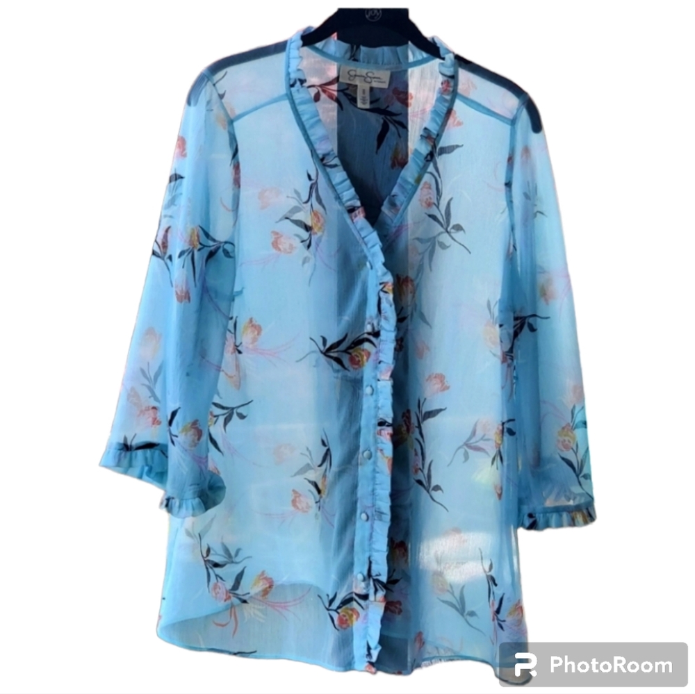 Jessica Simpson Sheer Floral Blouse Blue Ruffle Button Front Size M EUC
